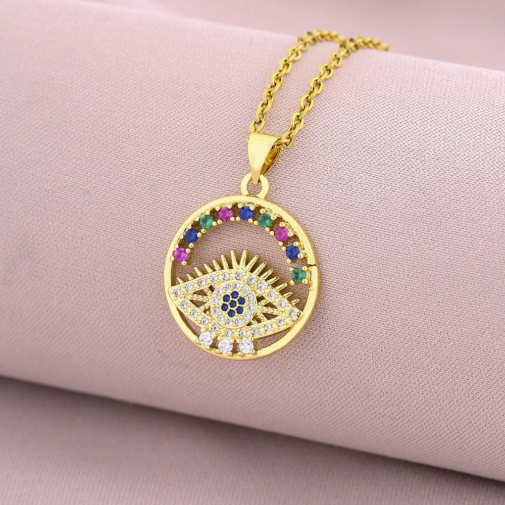 Elegante Collar con Colgante en Forma de Ojo para Mujer de Cobre con Baño de Oro de 18K y Circonitas Micro-Pavé en Cadena de Acero de Titanio