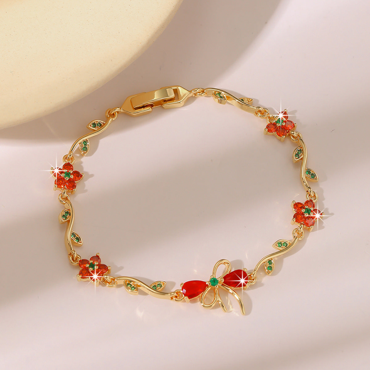 Luxury Gold Plated Brass Leaf Bracelet with Cubic Zirconia Inlay Unisex Floral Design