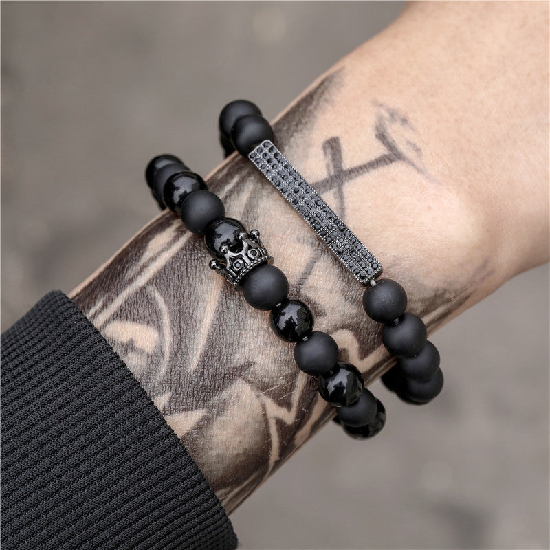 Unique Geometric Handmade Brass and Lava Rock Stretch Bracelet Set