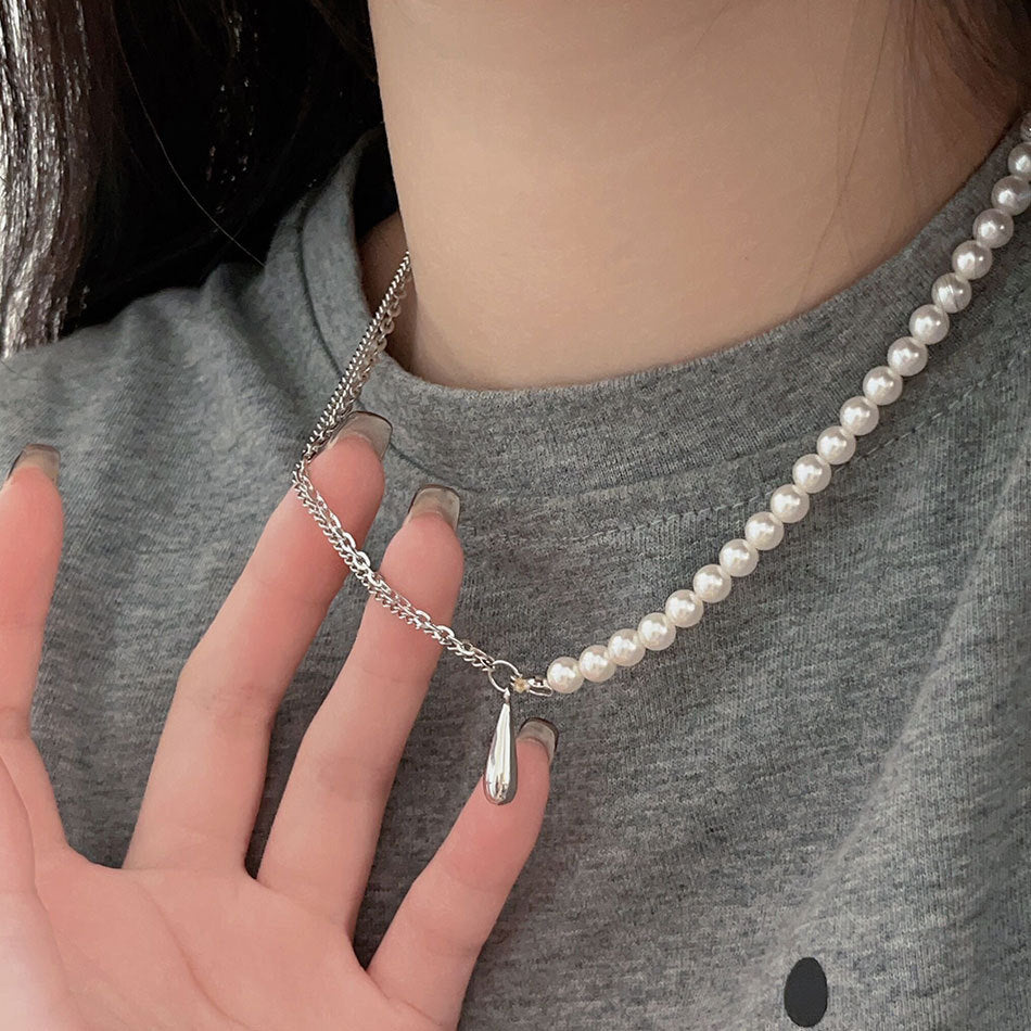 Minimalist Waterdrop-Shaped 925 Sterling Silver Necklace with Simulated Crystal and Pearl Pendant for Women