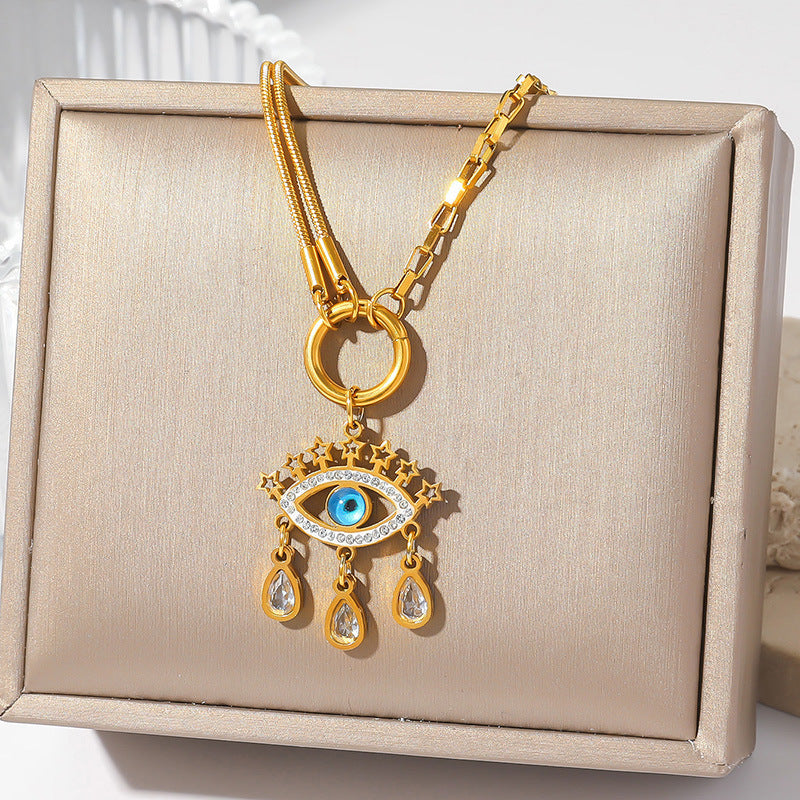 Streetwear Stainless Steel Plated Star Teardrop Pendant with Rhinestone and Tassel Snake Chain Necklace for Women