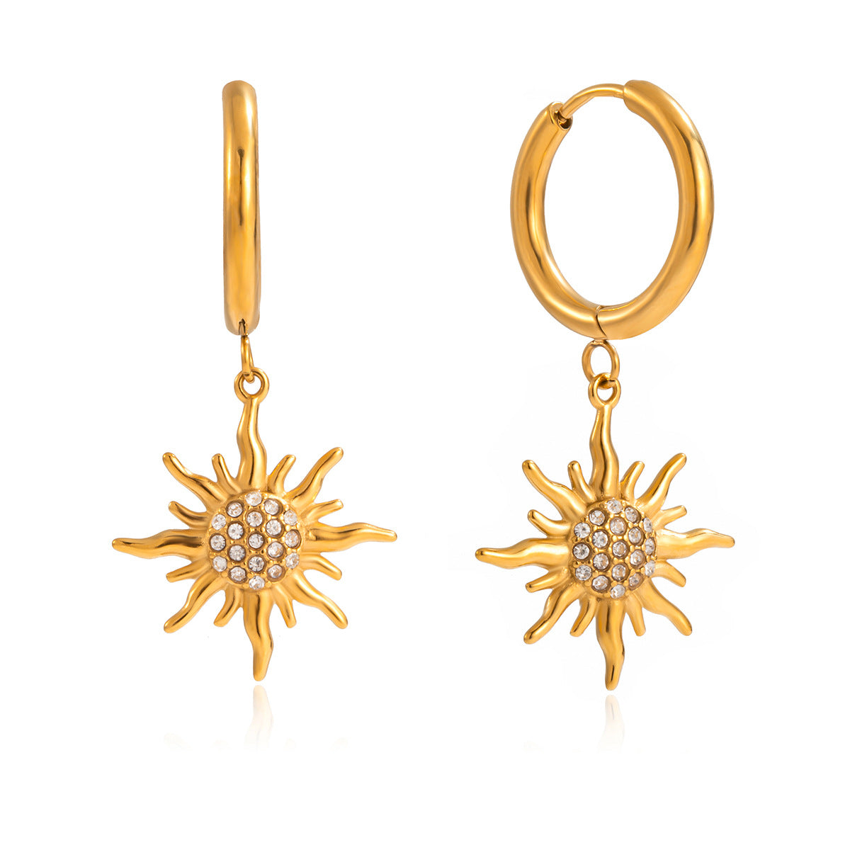 Pendientes de lujo de acero inoxidable con diseño geométrico en forma de sol con incrustaciones de diamantes de imitación bañados para mujer