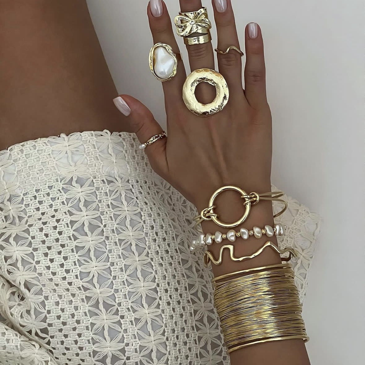Bracciale e anello aperti in lega placcata con linea geometrica ovale, stile Sweet Cool Minimalista