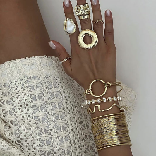 Sweet Cool Minimalist Oval Geometric Line Plated Alloy Open Cuff Bracelet Ring Set