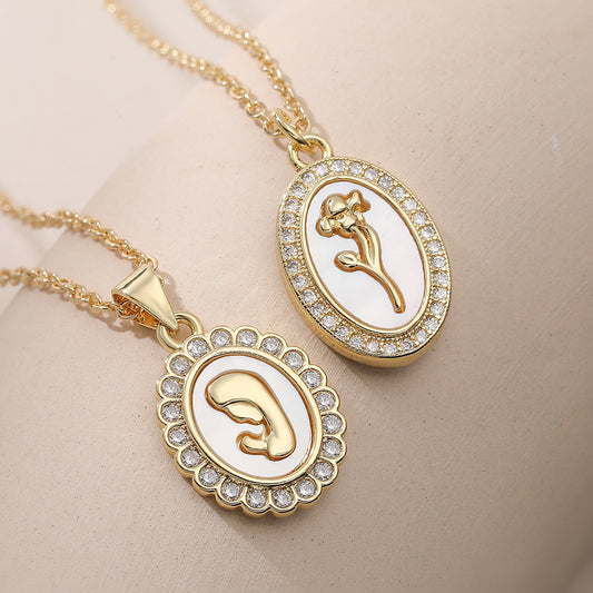 Minimalist Vintage 18K Gold Plated Brass Oval Rose Cubic Zirconia Pendant Necklace for Women