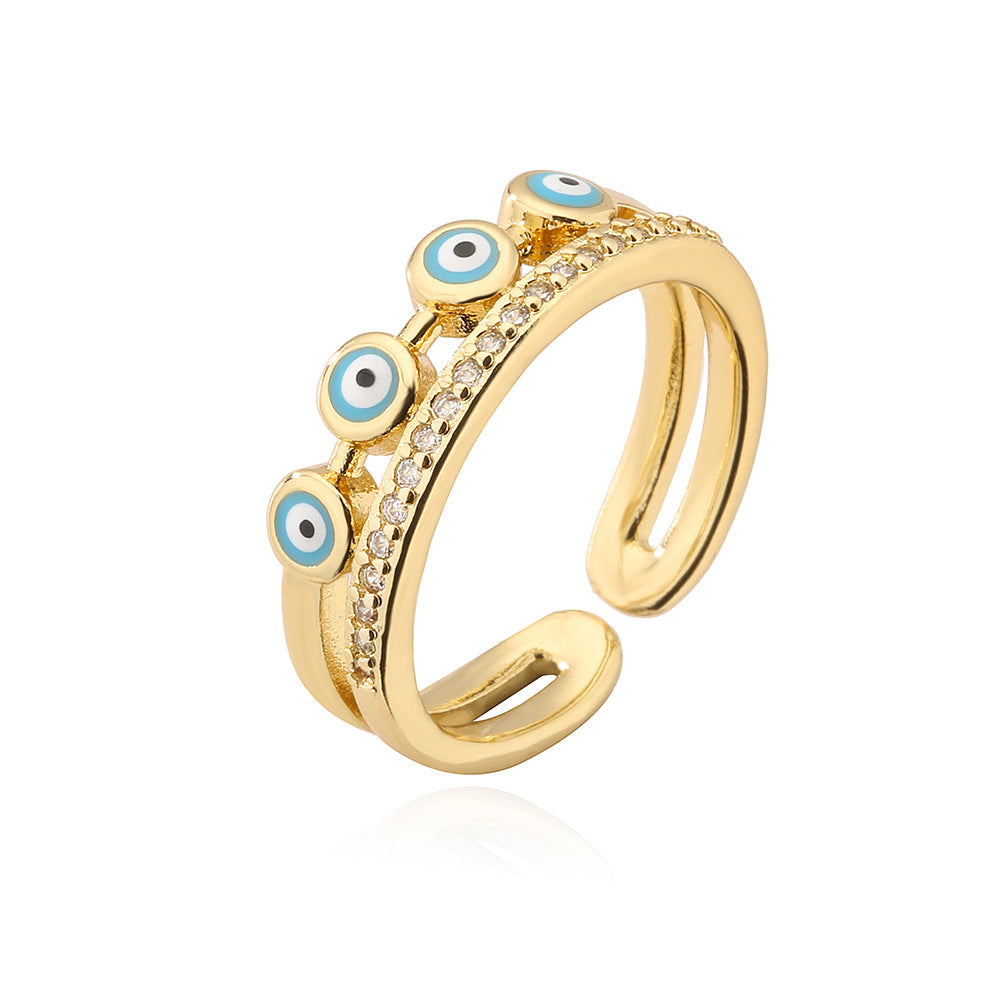 Geometric Open Eye Ring for Women with Copper Base Plated in 18K Gold and Enamel Finish Featuring Evil Eye Design