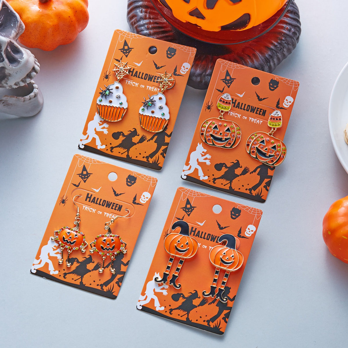 Sweet Cartoon Pumpkin Rhinestone Drip Oil Plated Alloy Earrings Unisex Halloween Jewelry