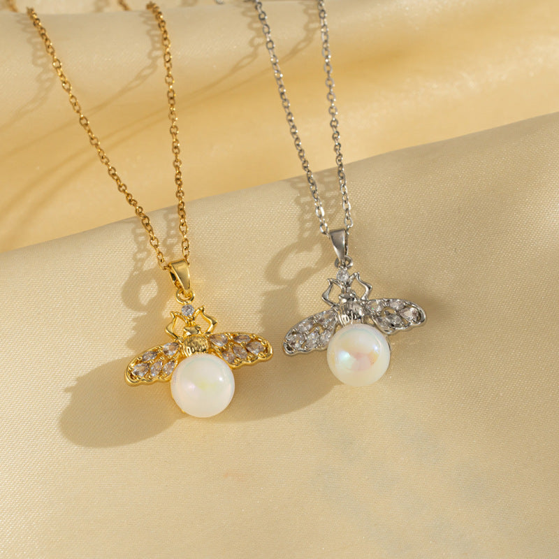 Minimalist Bee-Shaped Titanium Steel Necklace with Mother-of-Pearl Pendant, Electroplated Finish, O-Chain, Lightweight for Women