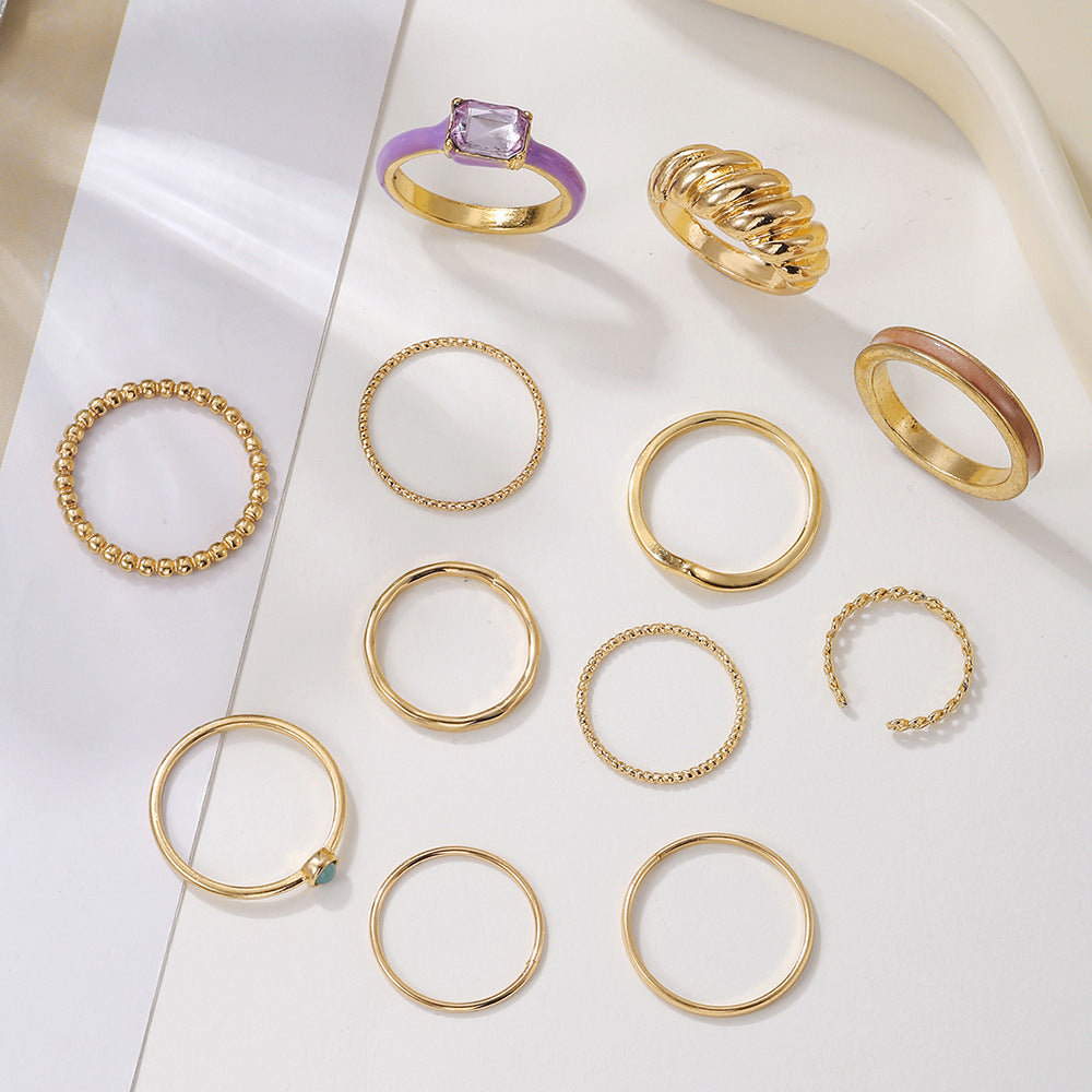 Minimalist Sweet Gold Plated Geometric Round Alloy Rhinestone Knuckle Ring Set for Women