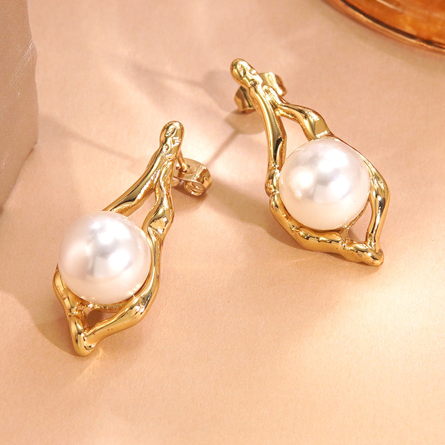 Orecchini Vintage Eleganti Rotondi con Perle Placcate in Acciaio Inossidabile