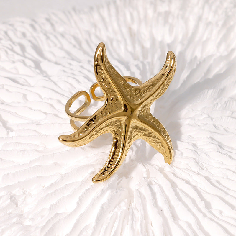Starfish-Shaped Open Stainless Steel Ring for Women with Plated Finish, Beach Vacation Style Fashion Jewelry