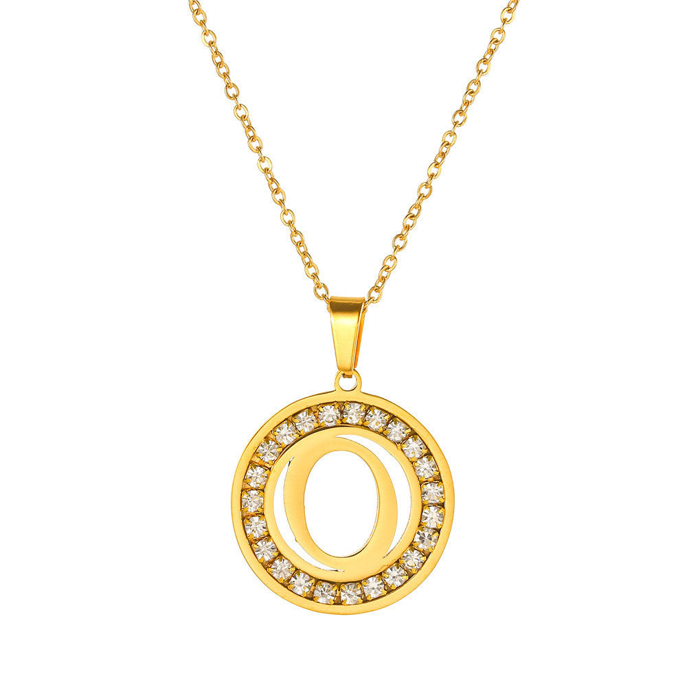 Minimalist Gold Plated Round Letter Rhinestone Inlay Pendant Necklace Titanium Steel Cable Chain