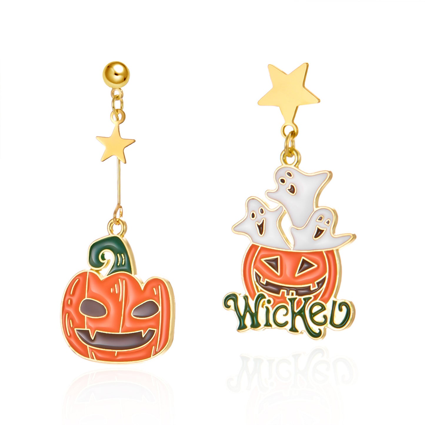 Pendientes asimétricos de aleación con diseño de calabaza y fantasma para mujer, con baño, temática de Halloween