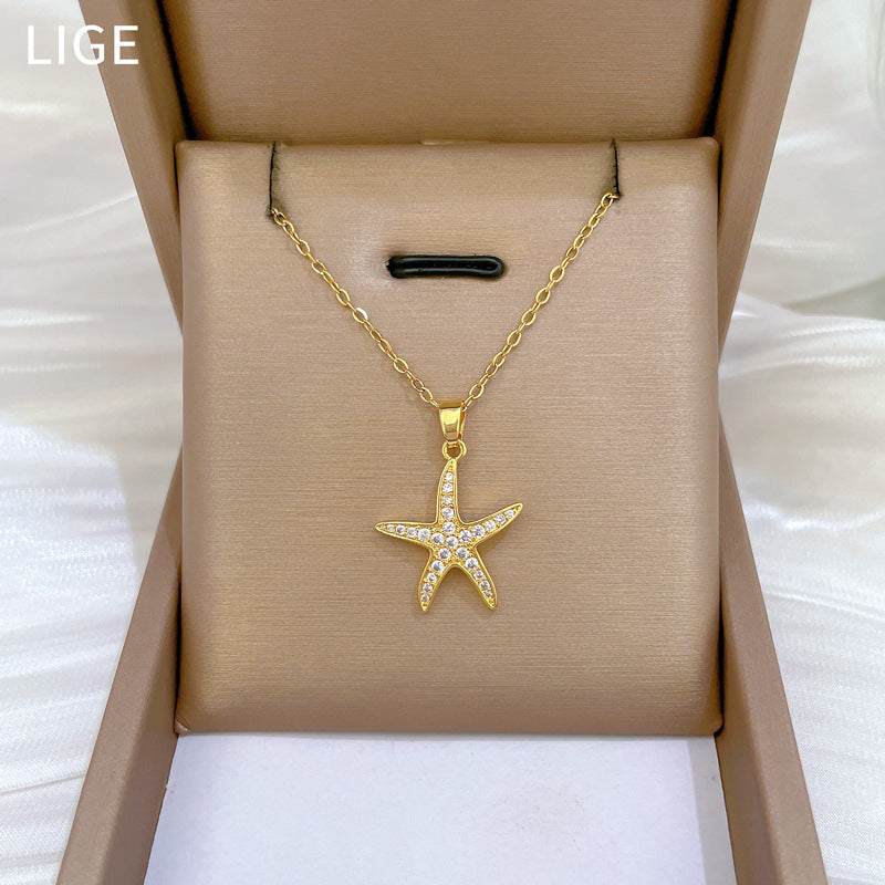 Collana Minimalista a Forma di Stella in Acciaio al Titanio con Intarsi di Strass per Donna e Uomo, Delicata Catena Clavicolare