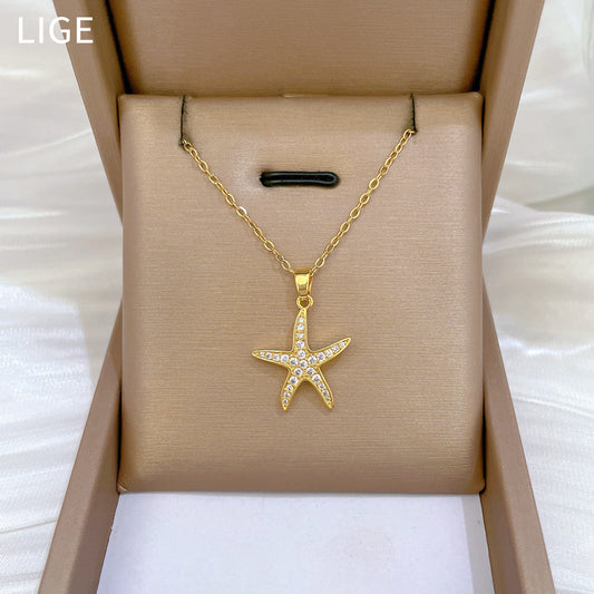 Minimalist Star-Shaped Titanium Steel Necklace with Rhinestone Inlay for Women and Men, Delicate Clavicle Chain
