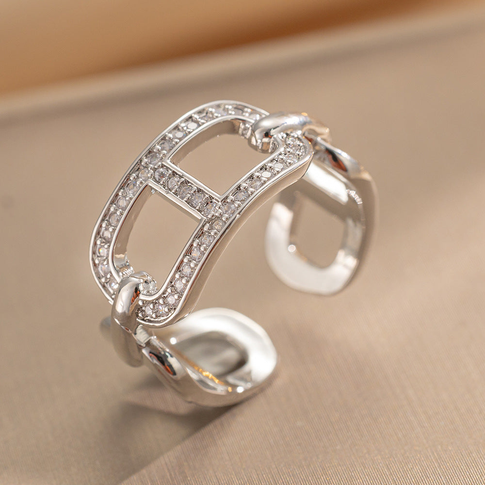 Luxury Minimalist Adjustable Open Ring for Women with Gold-Plated Copper Band and Zircon Stone Accent in Heart and Floral Shape