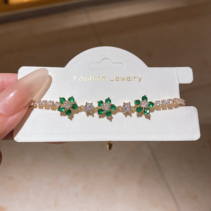 Sweet Square Floral Brass Bracelet with Cubic Zirconia Inlay for Women