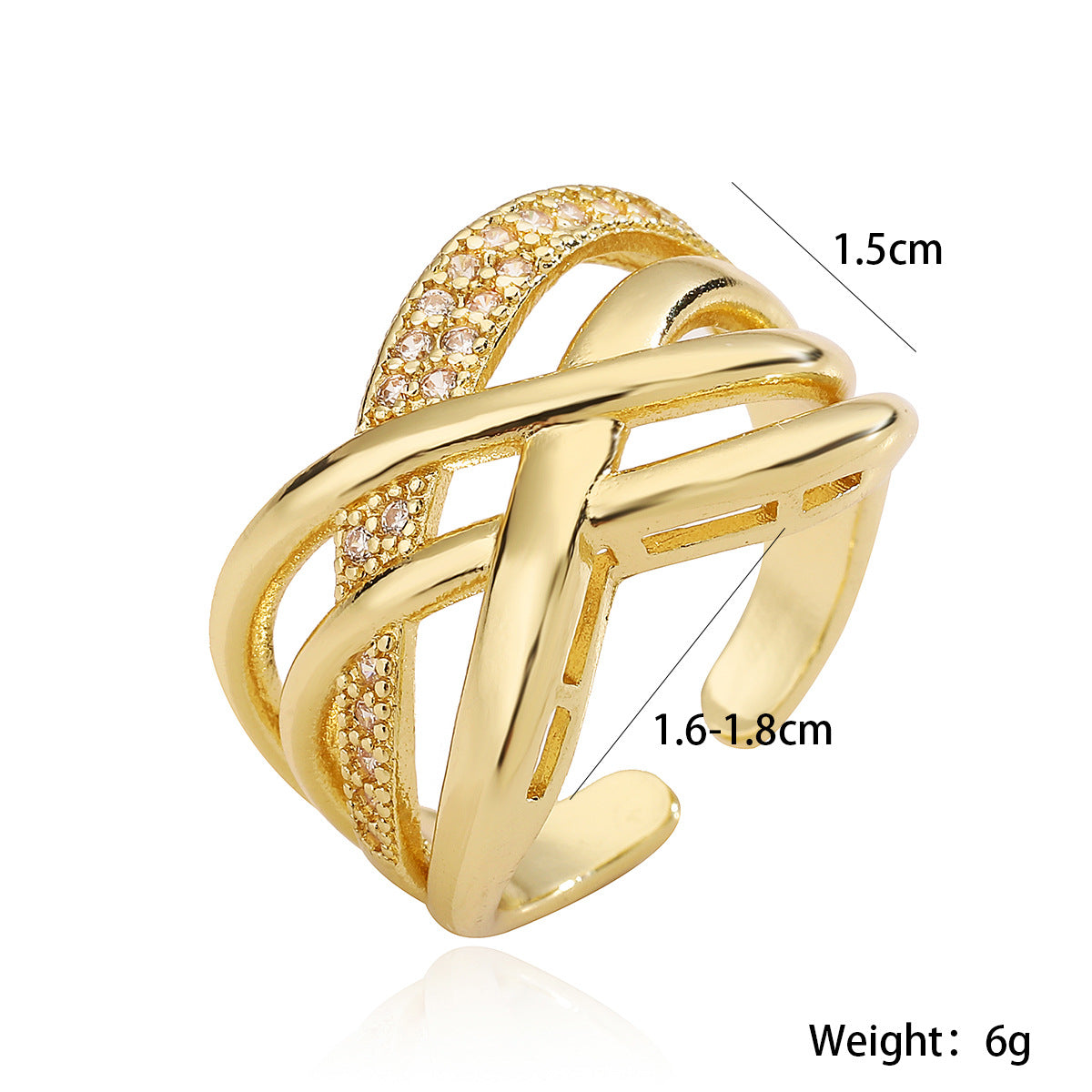 Anello Aperto Geometrico Minimalista da Donna in Rame con Placcatura in Oro 18K e Zirconia Micro-Incastonata