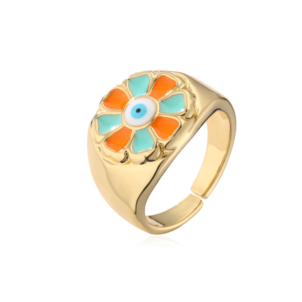 Bohemian Copper Ring with 18K Gold Plating and Enamel Floral Design for Women