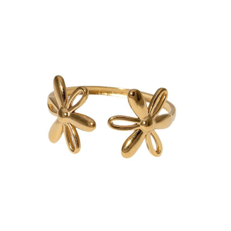 Minimalist Daisy Floral Open Adjustable Ring in Stainless Steel with Plated Finish for Women