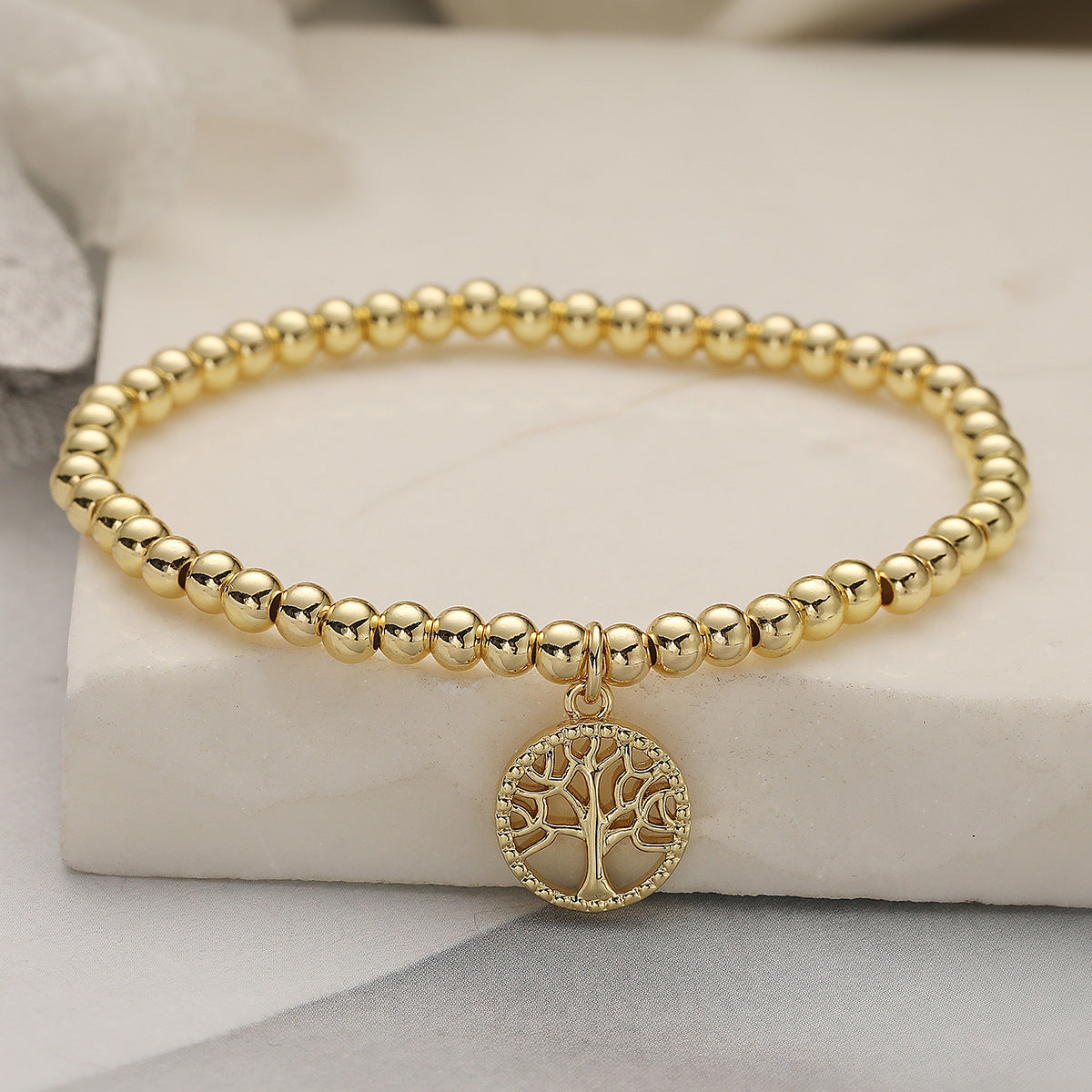 Minimalist 18K Gold Plated Brass Geometric Tree of Life Cubic Zirconia Inlay Bracelet for Women