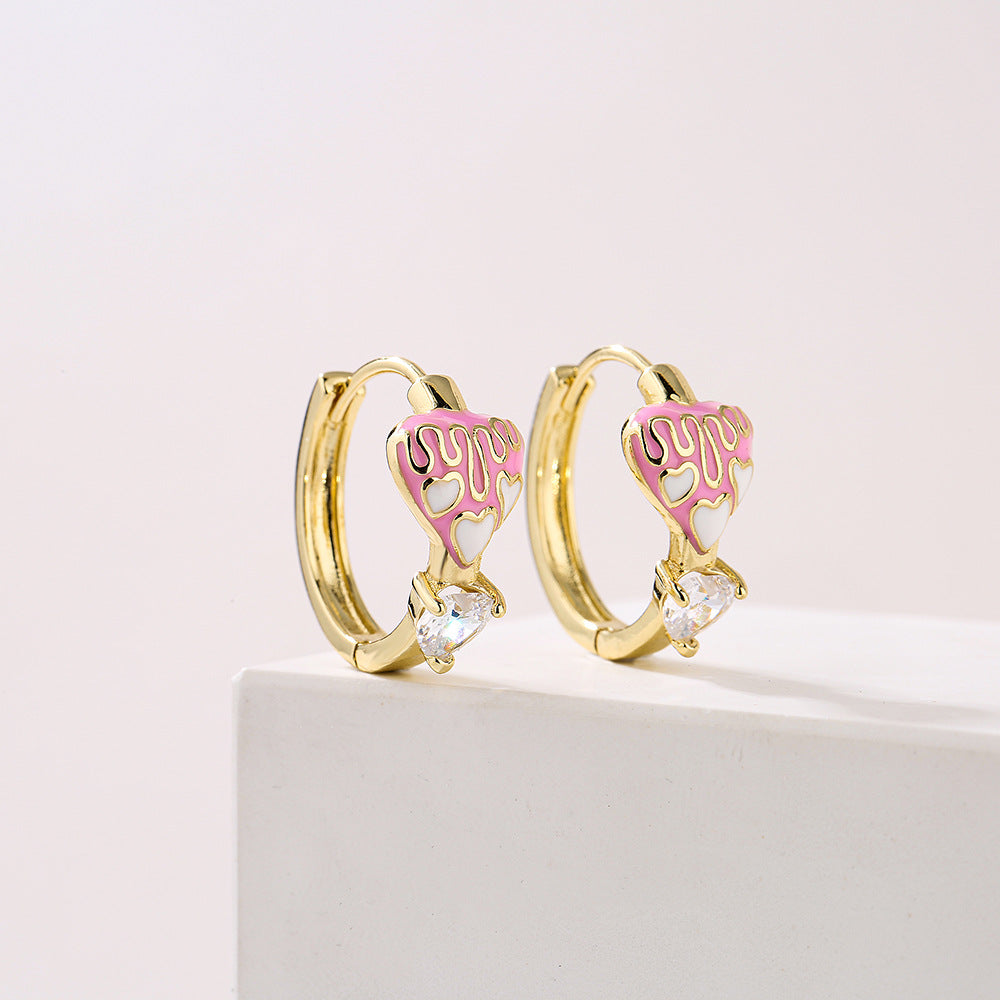 Sweet and Cute Style Geometric Heart-Shaped Enamel and Rhinestone Earrings in Copper with 18K Gold Plating for Women