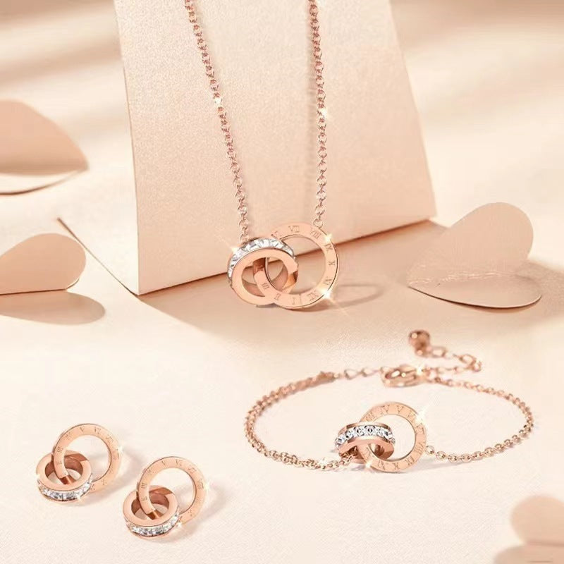 Luxury Stainless Steel Roman Numeral Double Ring Necklace Set with Cubic Zirconia and Curb Chain for Women