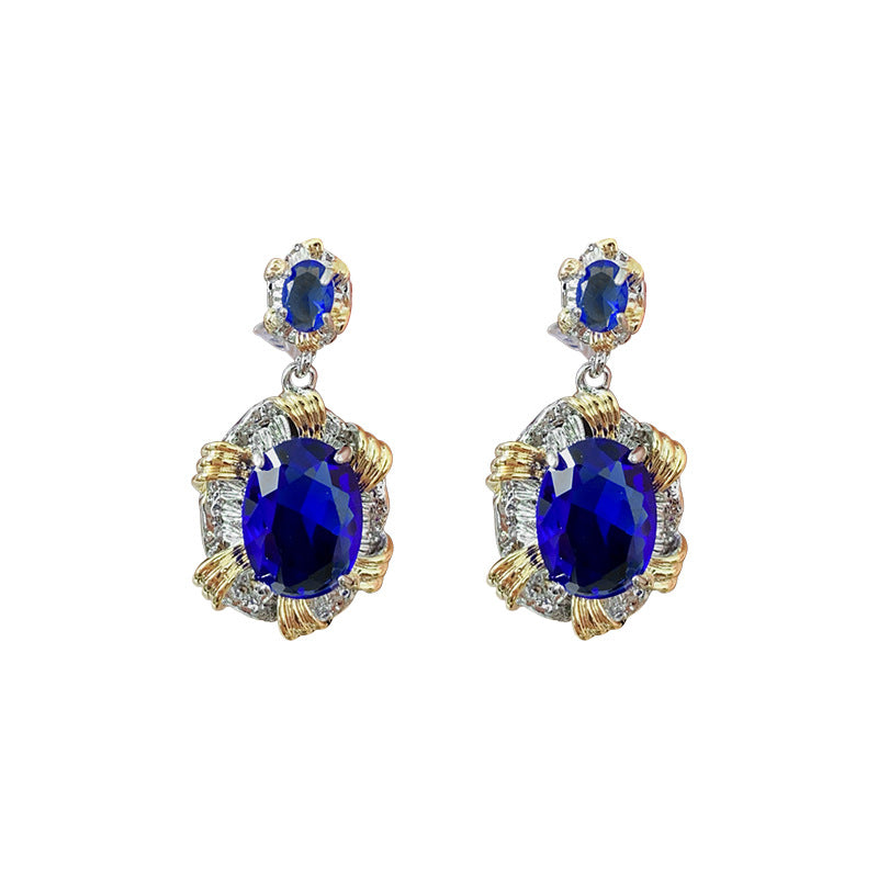 Orecchini a perno ovali da donna in zircone blu geometrico stile vintage con metallo placcato argento e perni in acciaio