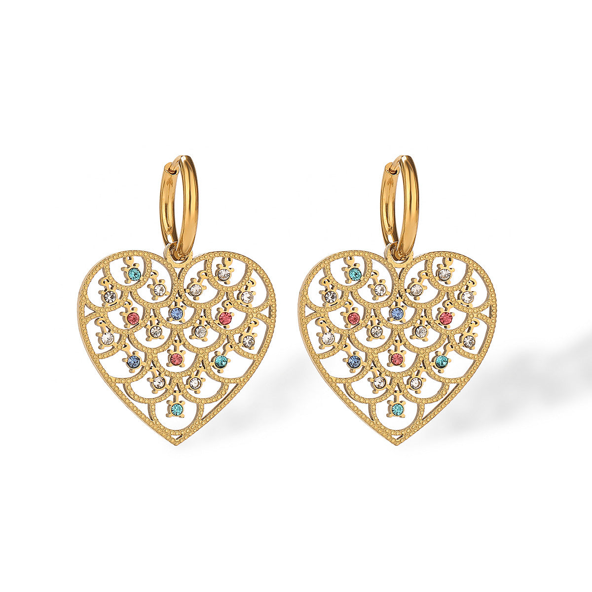 Orecchini a Cuore in Acciaio al Titanio Stile Vintage con Placcatura in Oro Autentico e Intarsio di Zirconi per Donna
