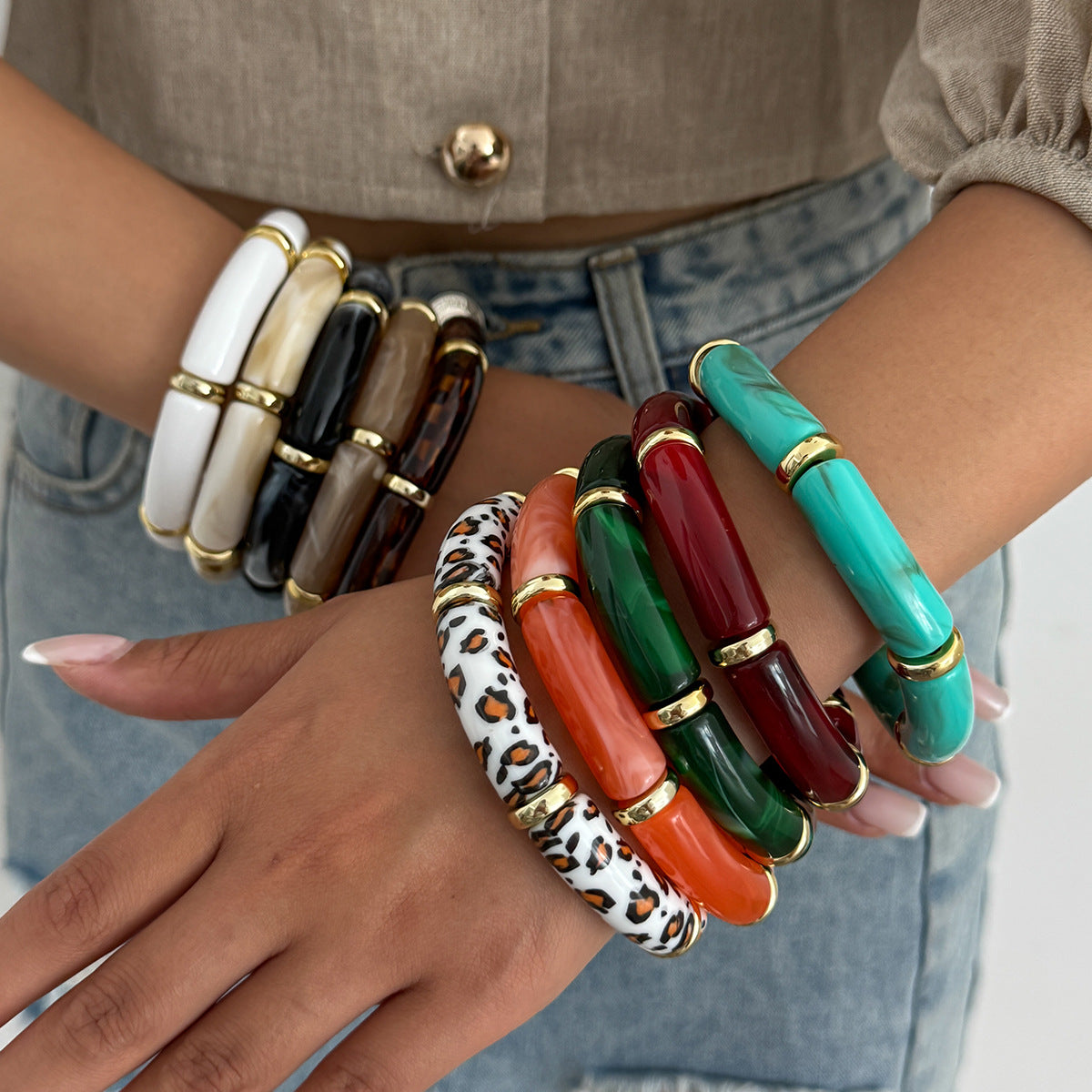 Vintage Geometric Marble Texture Leopard Print Acrylic Elastic Bracelet for Women