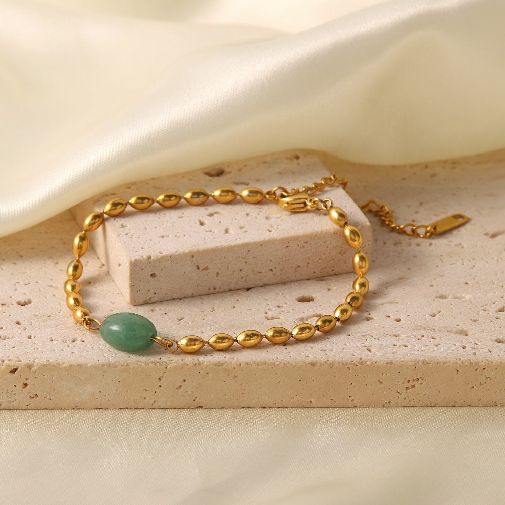 Retro French Style Geometric Green Natural Stone Bracelet and Necklace with Stainless Steel Chain and Gold Beads