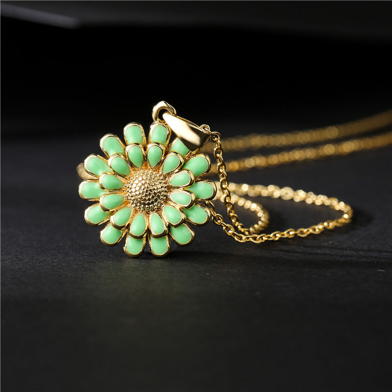 18K Gold Plated Brass Drip Oil Geometric Sunflower Pendant Box Chain Necklace