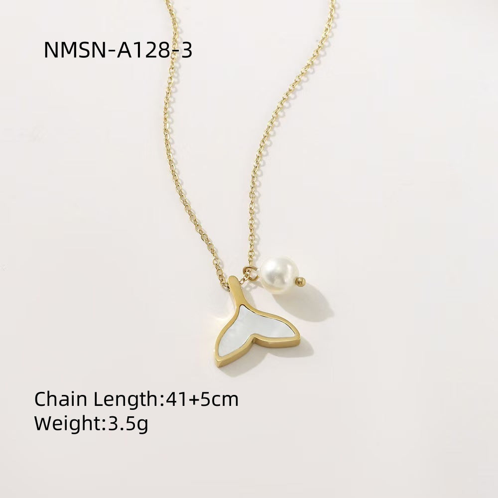 Fashionable OL Stainless Steel Pearl Mermaid Tail Pendant Necklace for Women with Electroplated Finish and Clavicle Chain Design
