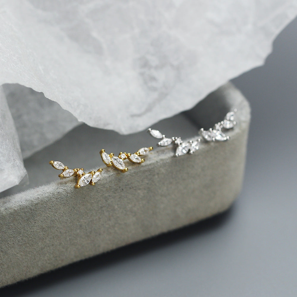 Sweet 925 Sterling Silver Geometric Leaf Olive Branch Cubic Zirconia Stud Earrings