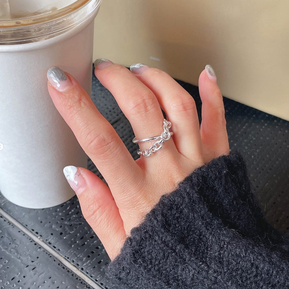 Anillo de Plata de Ley 925 Minimalista con Diseño de Ola y Cadena para Mujer