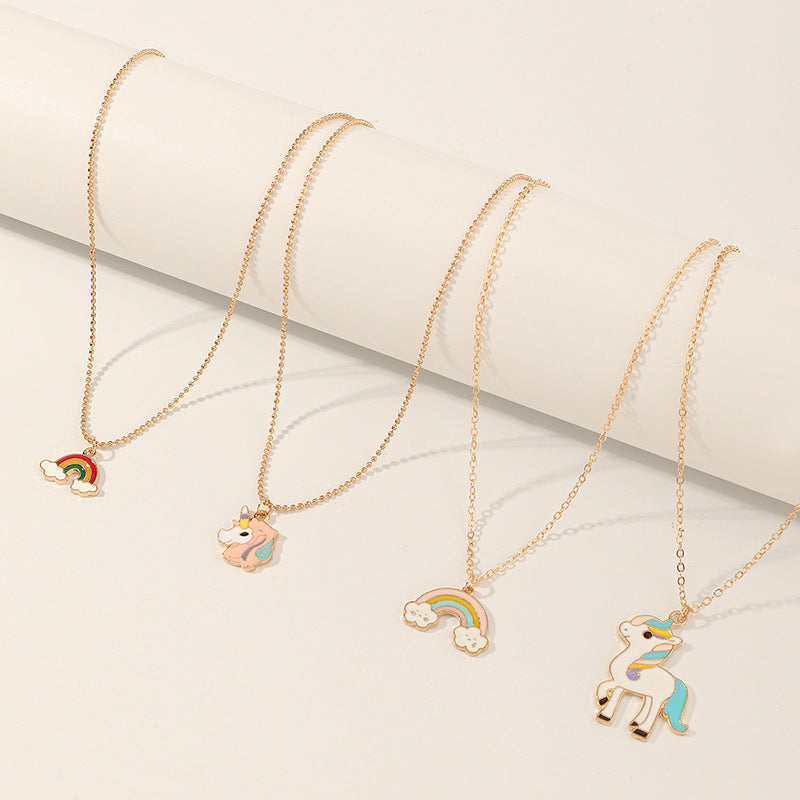 Collana con ciondolo unicorno arcobaleno in lega smaltata per ragazze, con catena a serpente in stile principessa
