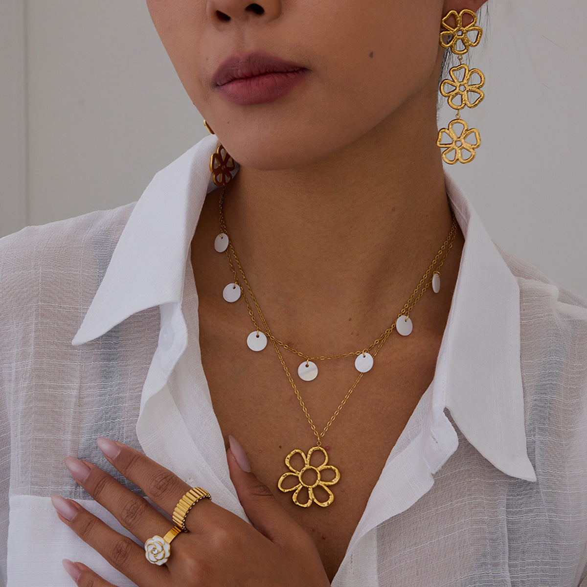 Minimalist Elegant Floral Titanium Steel Plated Necklace and Earring Set for Women