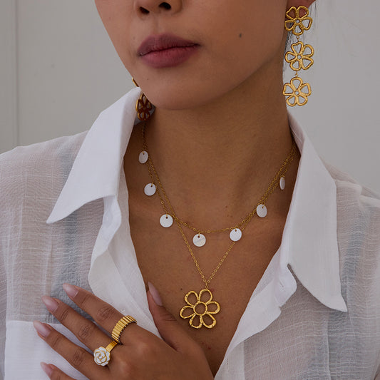 Minimalist Elegant Floral Titanium Steel Plated Necklace and Earring Set for Women