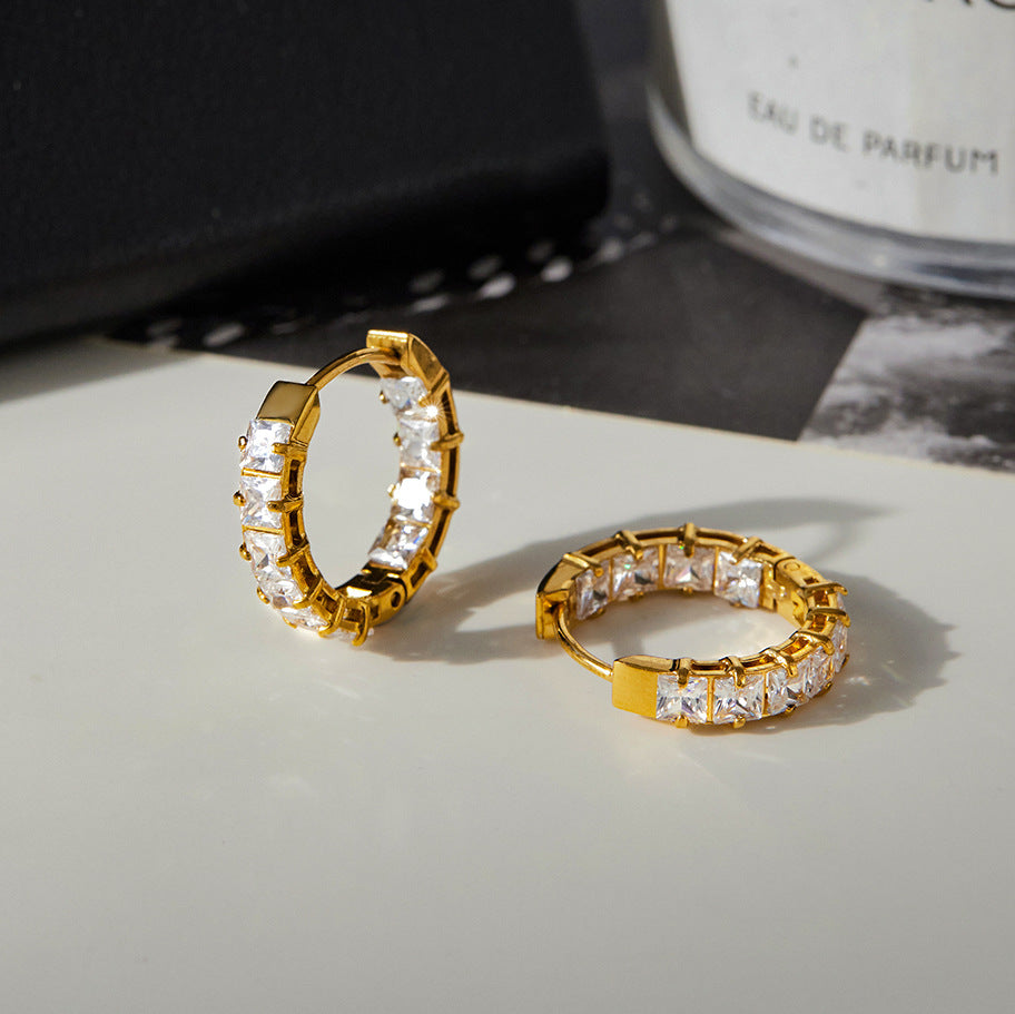 Orecchini a Cerchio Geometrici in Acciaio Inox con Intarsio di Strass per Donna, Gioielli di Moda Placcati in Acciaio al Titanio Ipoallergenico