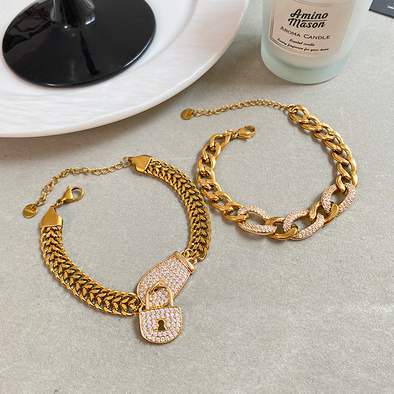 Rhinstone Inlaid Titanium Steel Cuban Link Chain Bracelet