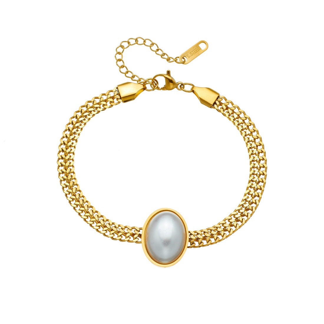 Vintage Gold Plated Stainless Steel Oval Geometric Imitation Pearl Bracelet