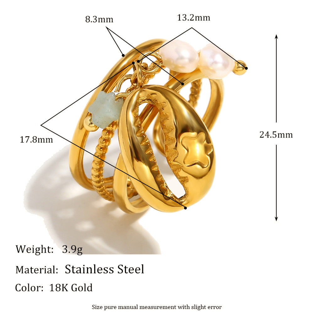 Anello da donna in acciaio inossidabile geometrico d'ispirazione vintage con placcatura in oro 18 carati e nappa con conchiglia di perla