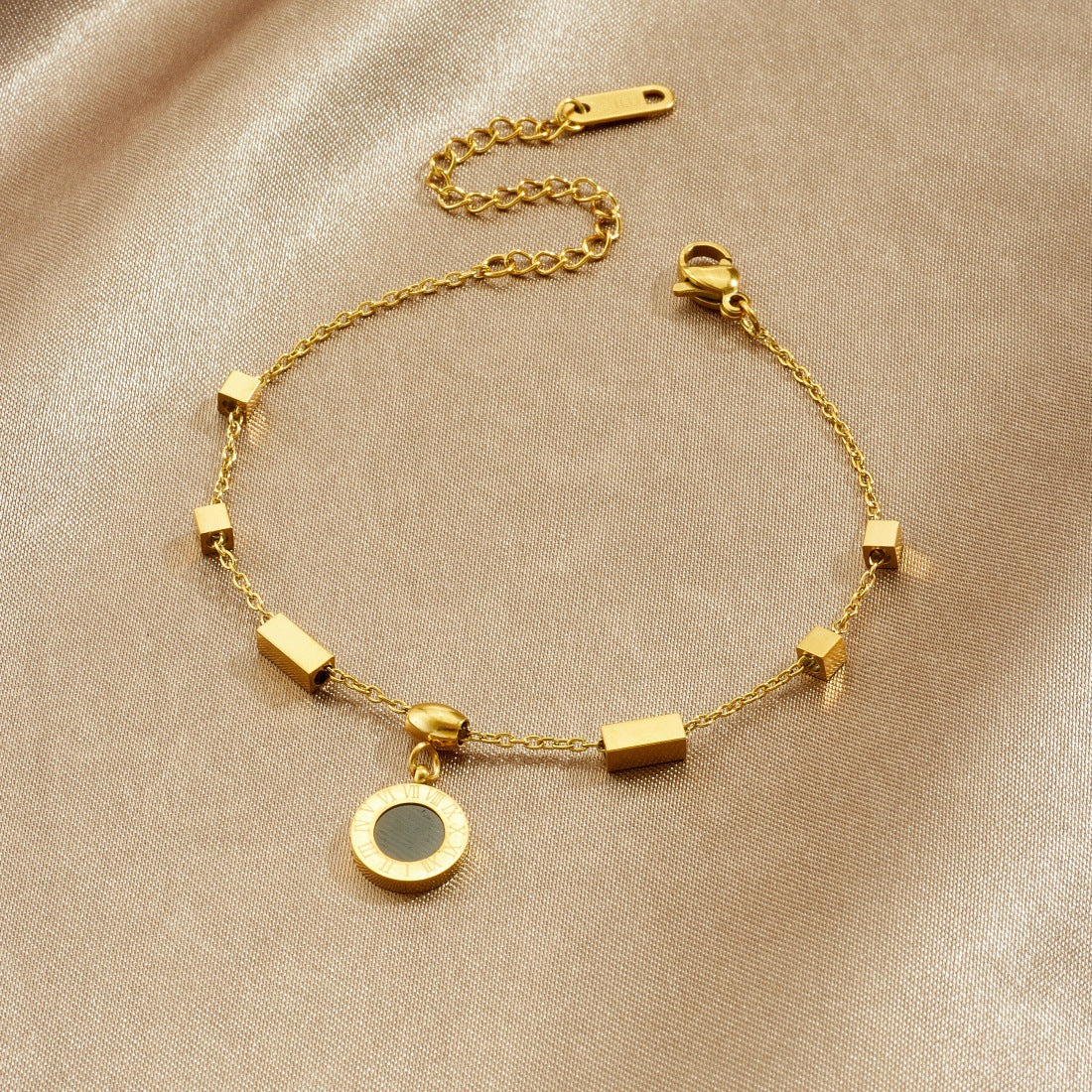 Vintage Gold Plated Round Square Geometric Stainless Steel Chain Bracelet for Women