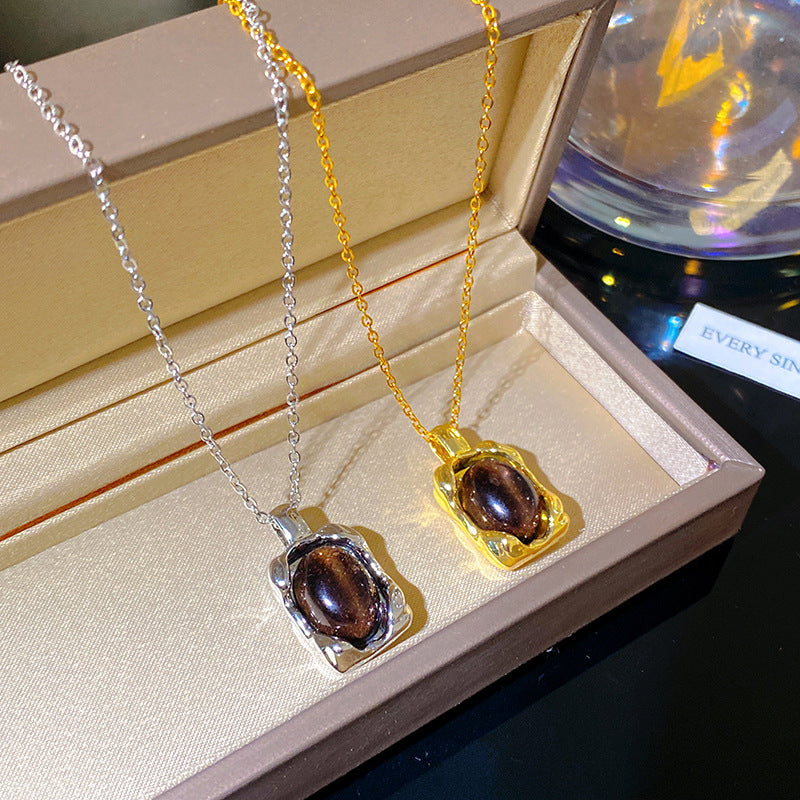 Minimalist Sweet Square Tiger's Eye Plated Titanium Steel Necklace Unisex Cable Chain