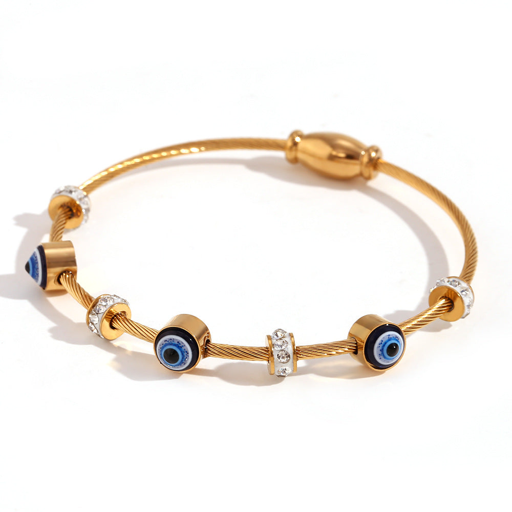 Bracciale alla moda con perline geometriche da donna in acciaio inossidabile con placcatura in oro 18K e zirconi, chiusura a molla