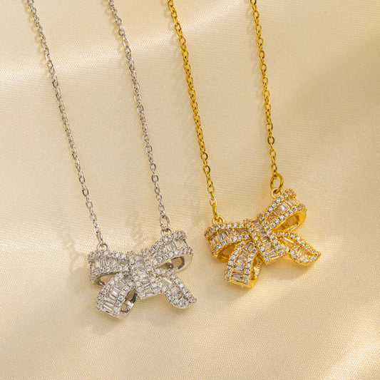 Minimalist Bow-Shaped Titanium Steel Necklace with Plated Finish for Women, Delicate Clavicle Chain