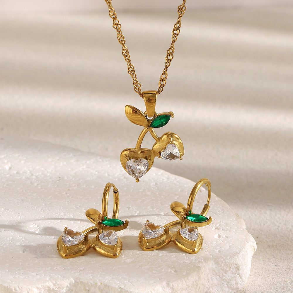 Collana Minimalista da Donna a Forma di Ciliegia in Acciaio Inossidabile con Placcatura in Oro 18 carati e Strass Trasparenti