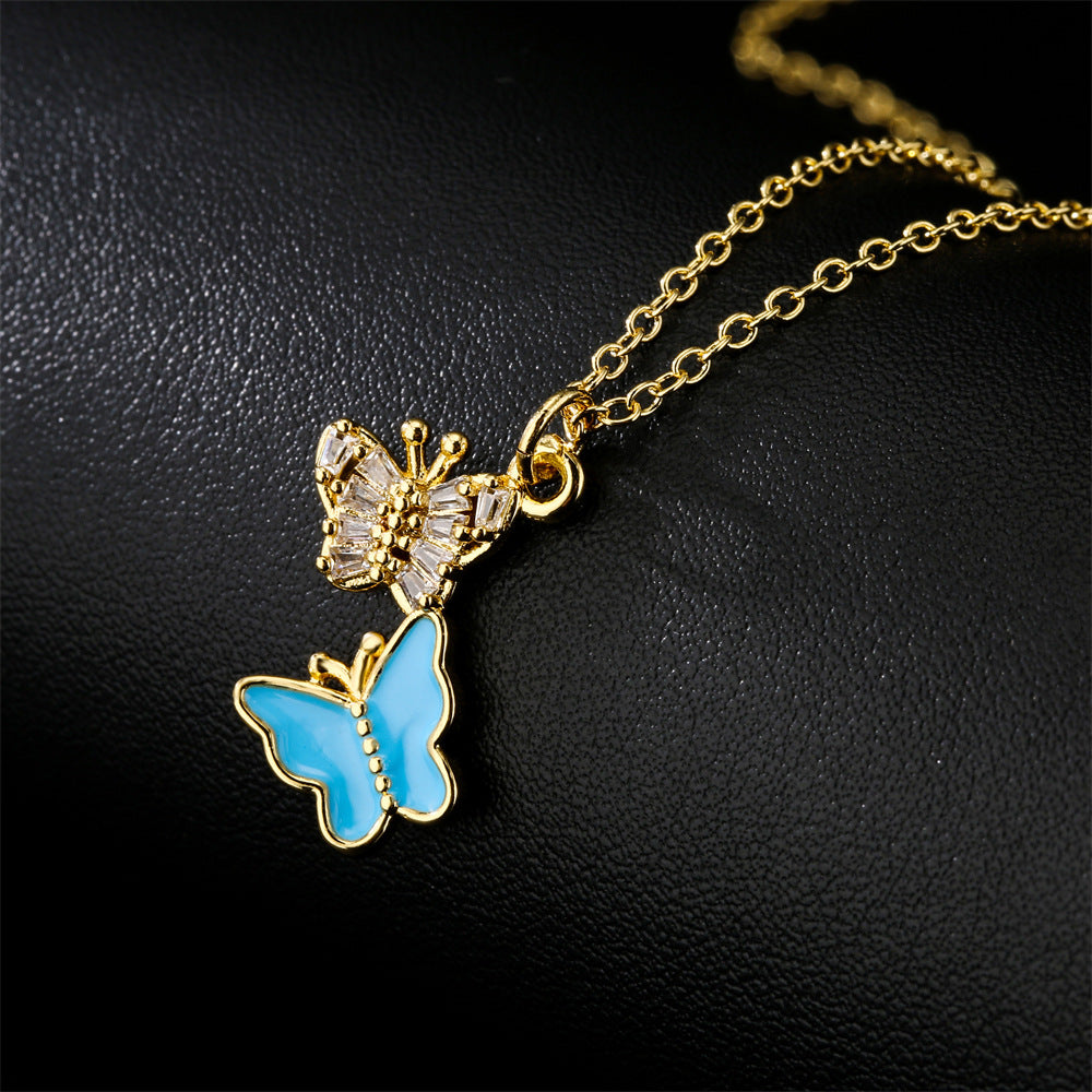 Gold Plated Brass Geometric Butterfly Pendant Necklace with Cubic Zirconia Inlay for Women