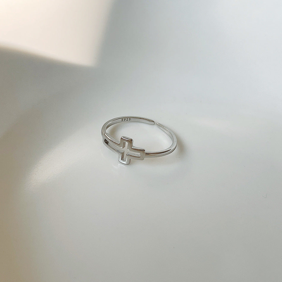 Minimalist 925 Sterling Silver Polished Hollow Cross Open Ring