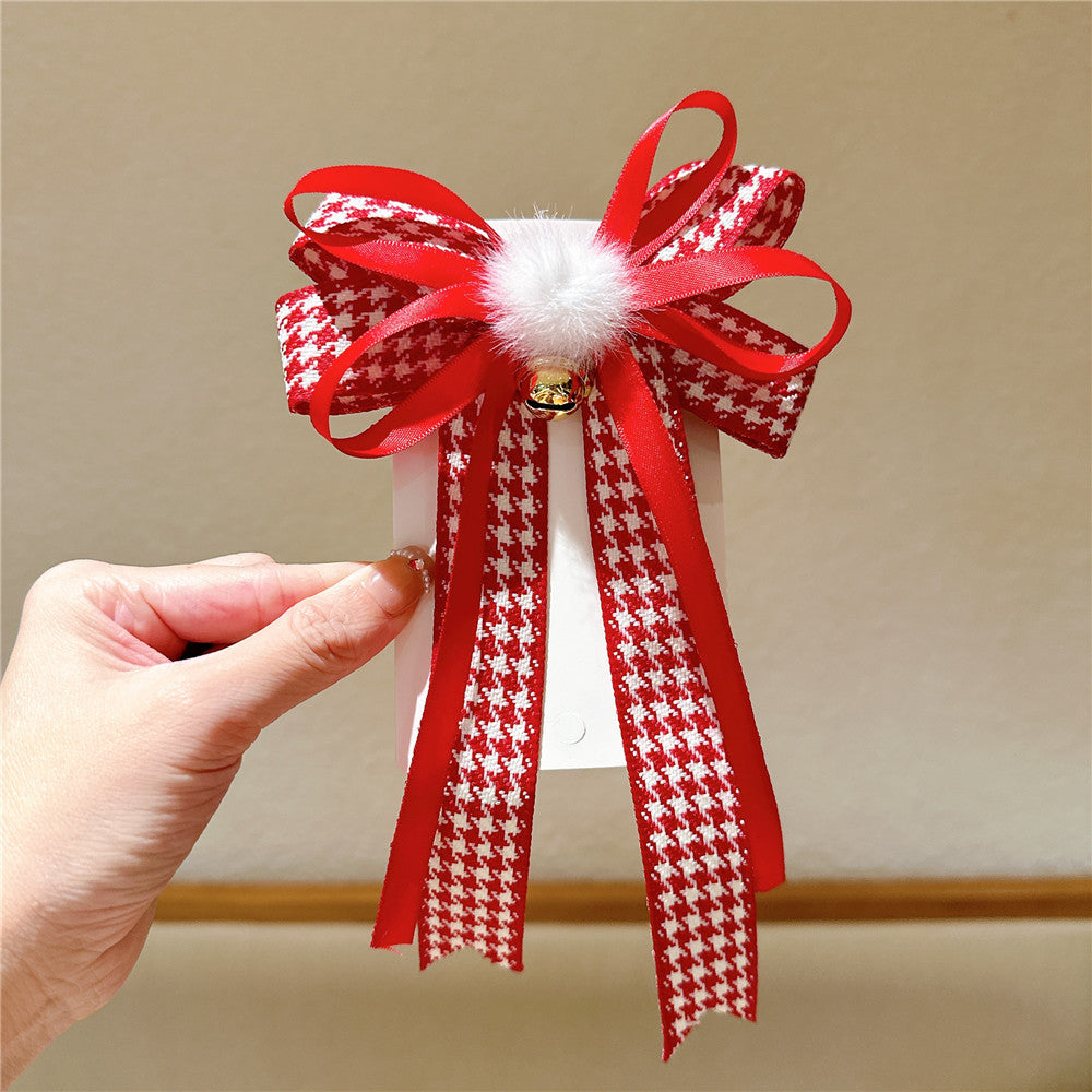 Pinza para el pelo roja para niñas con estampado de pata de gallo, lazos y cintas, de tela, forma geométrica, para edades de 3 a 10 años